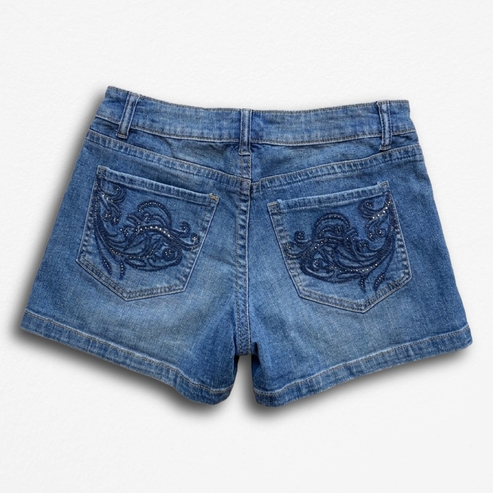 Cache Womens Y2K Embroidered Rhinestone Denim Shorts Blue Medium Wash Size 4